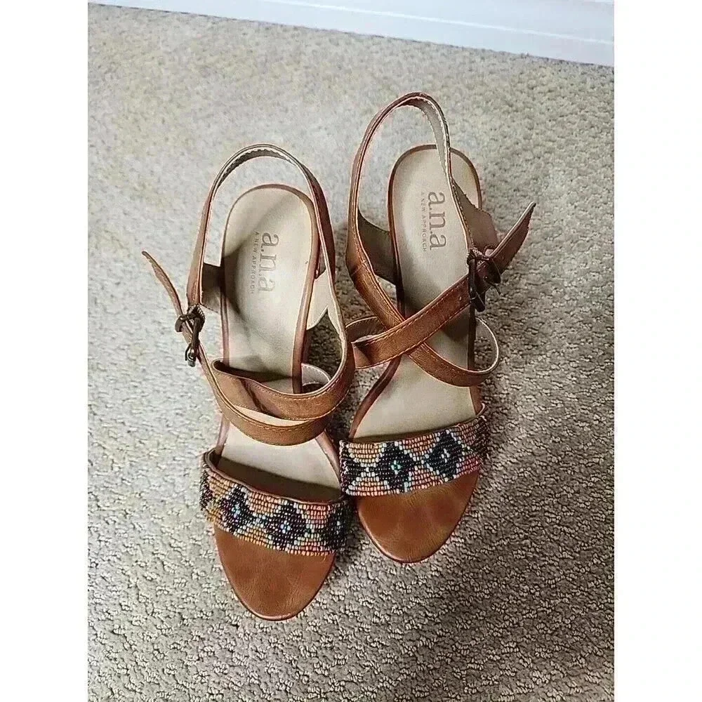 A.N.A‎ A NEW APPROACH BEADED WEDGE SANDALS Heels Brown Blue Cork 7.5 Boho resort